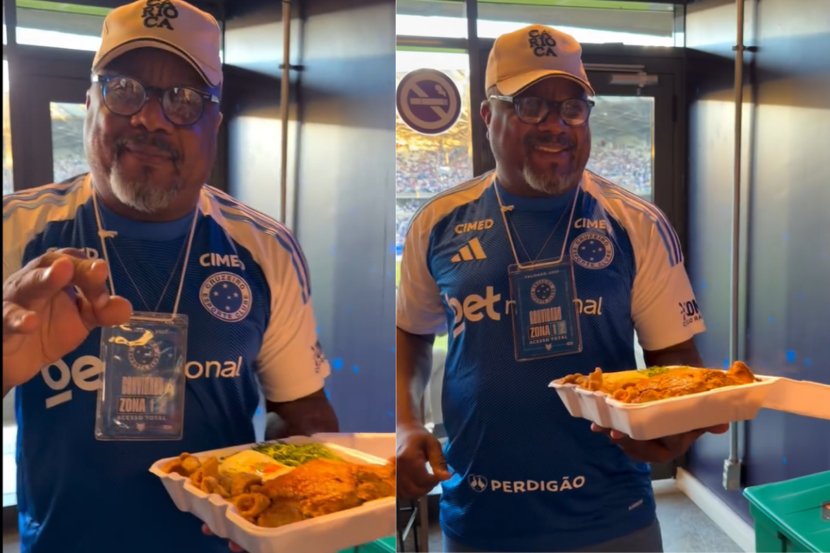 Marcão, pai e empresário de Gerson, diverte torcida com marmitex gigante no Mineirão