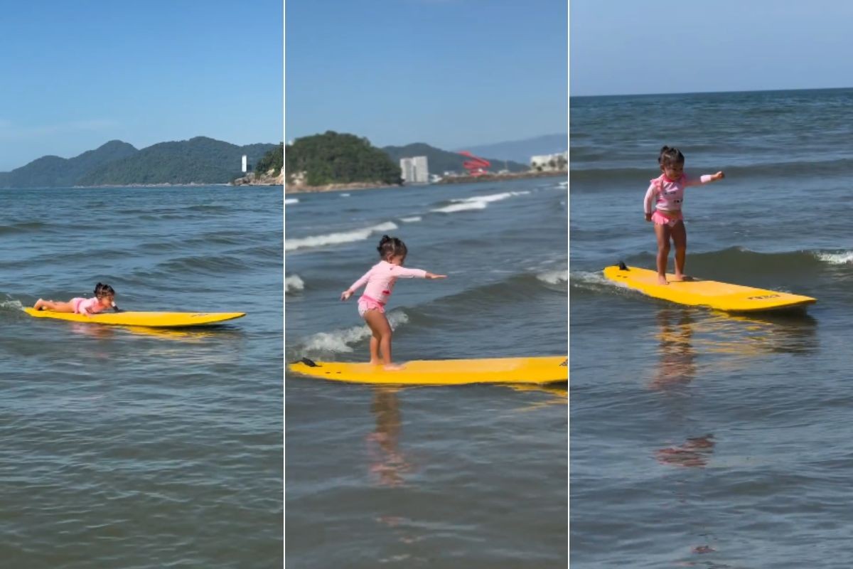 Chloe, de 2 anos, encanta ao surfar em Santos com habilidade surpreendente – imagem do artigo