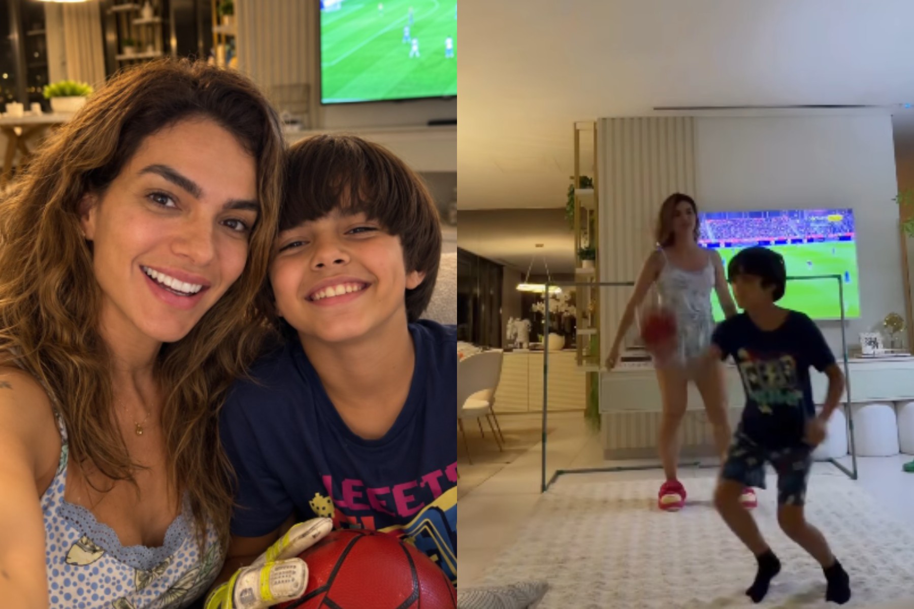 Kelly Key arrasa na sala de casa jogando futebol com o filho e diverte fãs